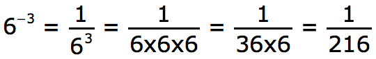 6 exponent minus 3 = 1 over 6 cubed = 1 over ( 6 times 6 times 6 ) = 1 over ( 36 times 6) = 1 over 216