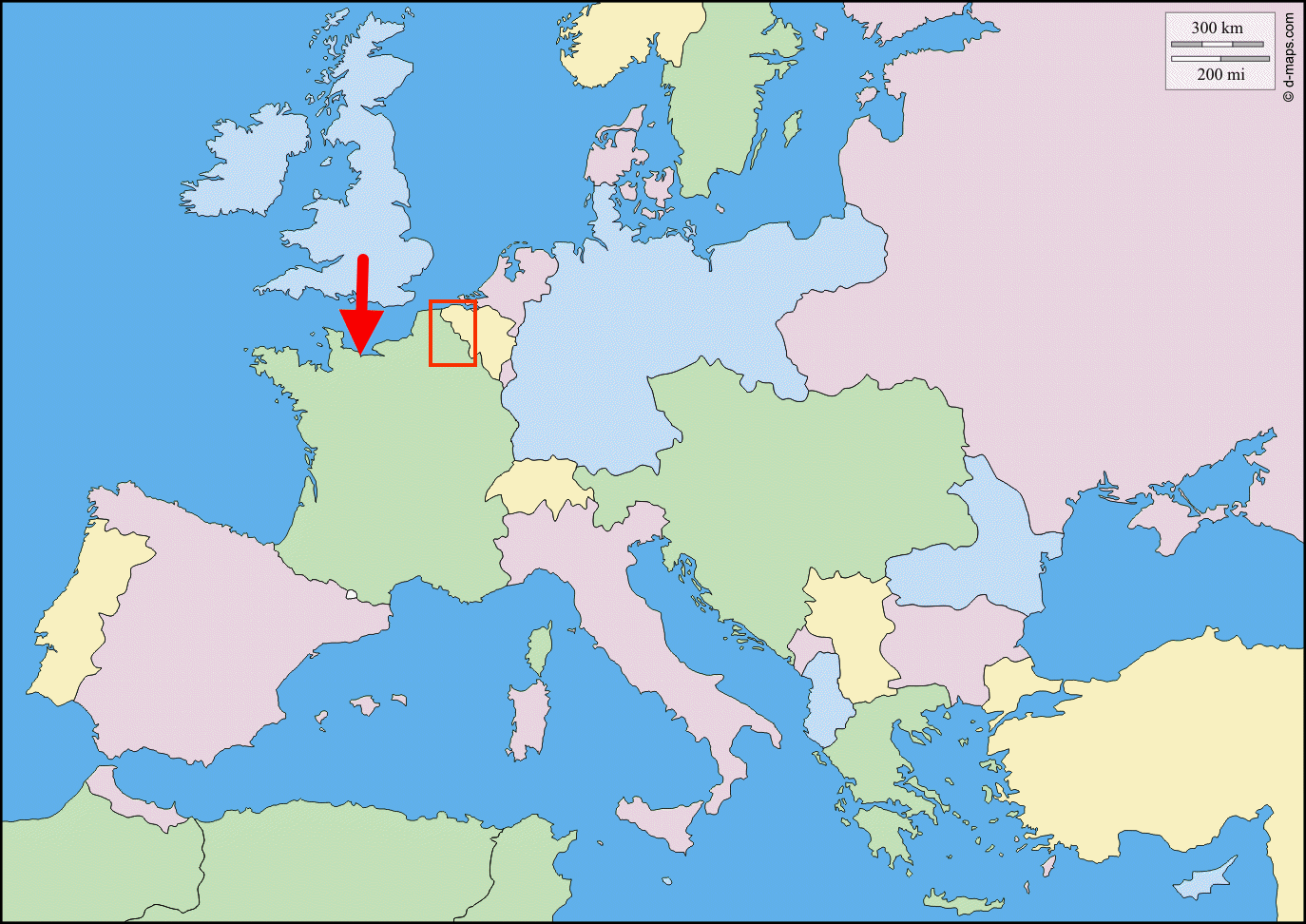 1914 map of Europe with a red arrow pointing at the coastline of France and a red rectangle along the border between France and Belgium.